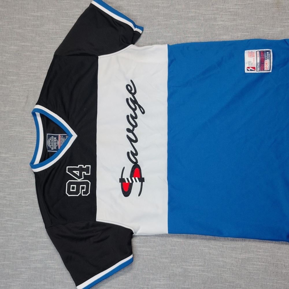 Bleecker Mercer Savage Jersey Shirt Size Large Blue White Black Spell Out - Picture 2 of 11